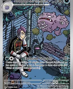 Trading card illustration: a purple gas creature named Smogogo hovering over a ruined city, with a kneeling character in a black-and-white outfit in the foreground; card text and stats visible.