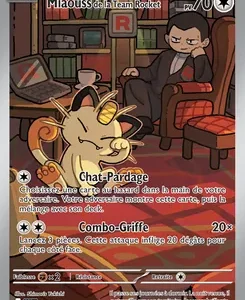 Trading card with Meowth from Team Rocket in a cluttered room; French moves Chat-Pardage and Combo-Griffe shown.