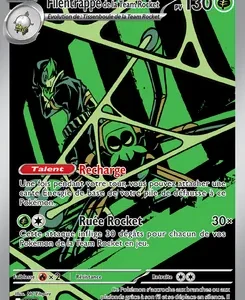 Trading card-style image featuring Team Rocket characters in a neon green and black scene, with attacks named Recharge and Rocket Move.