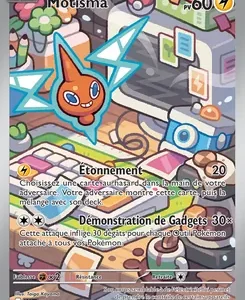 Carte Pokémon TCG montrant Motisma, type Électrique, PV 60, avec attaques Étonnement et Démonstration de Gadgets dans un décor mécanique holographique.