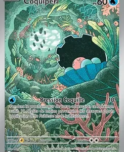 Pokémon Coquiperl card: an underwater coral reef scene with a large shell opening, 60 HP, attack 'Pression Coquille' (Shell Pressure).