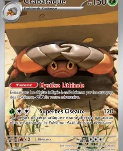 French Pokémon card for Crabaraque (Crabrawler evolution) with 150 HP, showing two attacks: 'Mystère Lithicole' and 'Superbes Ciseaux' on a sandy battlefield background.