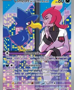 Pokemon trading card showing Cornebre and Jessie from Team Rocket facing each other against a neon city backdrop, with attacks Tromperie and Tourmente (30 damage).