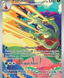 Trading card for Pomdorochi: a green dragon-like Pokémon with orange flames, HP 170, featuring two attacks including Frappe Fouet (140).