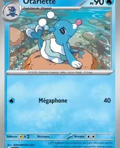 Pokémon Otarlette trading card with HP 90, underwater scene, otter-like Pokémon perched on a rock; Megaphone 40 attack listed.