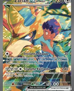 Pokémon card showing Zacian V with 230 HP, artwork of Zacian facing a trainer and performing two attacks, Instant‑Frappé and Tranche Vaillante (240 damage).