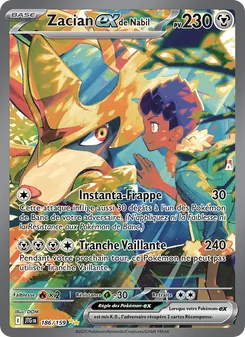 Pokémon card showing Zacian V with 230 HP, artwork of Zacian facing a trainer and performing two attacks, Instant‑Frappé and Tranche Vaillante (240 damage).
