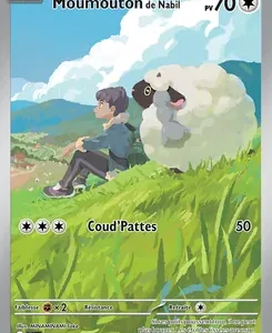 French Pokémon card artwork: Moumouton with a trainer resting on a grassy hill under a blue sky; HP 70; attack Coud’Pattes for 50.