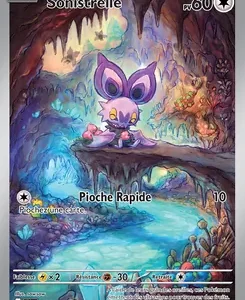 Pokémon card for Sonistrelle: a purple bat in a glowing cavern, 60 HP, with the attack Pioche Rapide (10 damage).