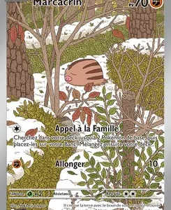 French Basic Pokémon card: small striped rodent in a snowy forest; HP 70; attacks 'Appel à la Famille' and 'Allonger'.