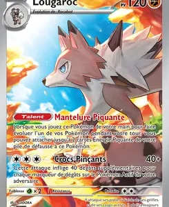 Lycanroc (Lougaroc) Pokémon card, HP 120, fiery illustration, with two attacks: Manteleur Piquant and Crocs Pinçants.