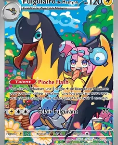 Pokémon trading card showing Éclair Fulgurant with a black dragon and a pink-haired trainer; 120 HP, with the attack 'Pioche Flash'.