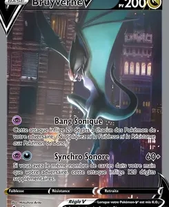 Pokémon Bruyverne V card with 200 HP, two attacks Bang Sonique and Synchro Sonore, shown against a dark, neon-lit city background.