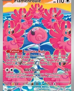 French Pokémon card Flamenroule with pink flower swarm artwork, HP 110, holographic foil, attacks Instant Nuée and Ailes Unies.