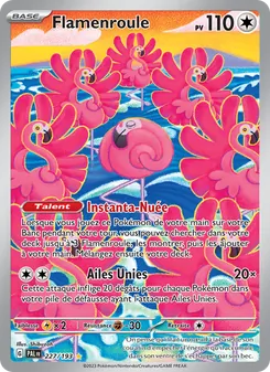 French Pokémon card Flamenroule with pink flower swarm artwork, HP 110, holographic foil, attacks Instant Nuée and Ailes Unies.