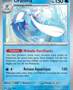 Oratoria Pokémon card, Water type, HP 150; blue aquatic dragon leaping in water; moves Mélodie Fortifiante and Retour Aquatique (120).