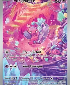 Forgerette, basic Pokémon card with 60 HP, pink creature in a glowing crystal cavern; attacks: Récup Rebut and Vent Féérique.
