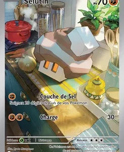 Pokemon card featuring Selutin on a kitchen counter with a salt block; HP 70, attacks: 'Couche de Sel' and 'Charge' (30).