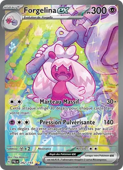 Forgelina EX Pokémon card: pink blob Pokémon with 300 HP, shown in a colorful battle scene, featuring two attacks (one dealing 30×, one 140 damage).