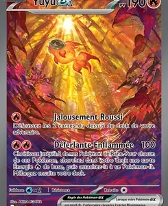 French Pokémon EX card for Yuyu ex, 190 HP, artwork shows a fiery orange Pokémon in a lava-lit cave with two attacks listed.