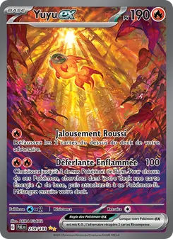 French Pokémon EX card for Yuyu ex, 190 HP, artwork shows a fiery orange Pokémon in a lava-lit cave with two attacks listed.