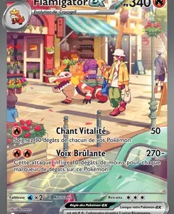 Pokémon GX trading card showing a Fire-type creature on a colorful street, with 340 HP and two attacks: Chant Vitalité and Voix Brûlante.
