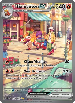 Pokémon GX trading card showing a Fire-type creature on a colorful street, with 340 HP and two attacks: Chant Vitalité and Voix Brûlante.