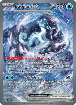 Baojian EX Water-type Pokémon card, 220 HP, icy white tiger artwork; ability Frisson Glacé; attack Lamé Grêle (60×).