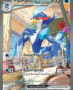 Pokémon trading card featuring a blue bird-like Pokémon with white and light blue plumage, perched in a decorative indoor setting; shows 320 HP and two attacks: Danse Palpitante (60) and Tir en Spirale (230).