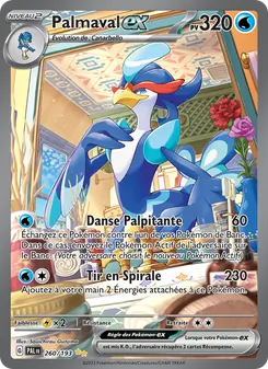 Pokémon trading card featuring a blue bird-like Pokémon with white and light blue plumage, perched in a decorative indoor setting; shows 320 HP and two attacks: Danse Palpitante (60) and Tir en Spirale (230).