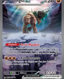 DingluEX Pokémon card with 240 HP, armored creature in a snowy cavern; text shows 'Terre Maudite' ability and 'Rafle Terrestre' 150 damage (French).