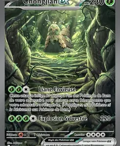 Pokémon trading card featuring Chongjian GX with 230 HP in a dark-green forest setting; a winged creature sits on a stone path; card shows green energy icons and attacks like 'Liane Enviée' and 'Explosion Sylvestre' for 220 damage.