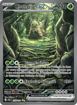 Pokémon trading card featuring Chongjian GX with 230 HP in a dark-green forest setting; a winged creature sits on a stone path; card shows green energy icons and attacks like 'Liane Enviée' and 'Explosion Sylvestre' for 220 damage.