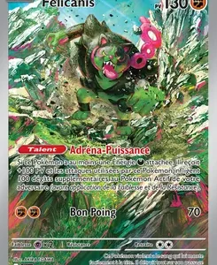 French Pokémon trading card showing a green armored creature in a chaotic, colorful battle scene, with 130 HP and two attacks listed (one dealing 70 damage).