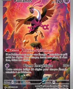 Trading card image of the Pokémon Favianos, HP 120, with a fiery volcanic background; a large brown bird with pink energy around it. Attacks: Adrén-Phéromone and Plume Énergétique.