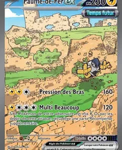 Paume-de-Fer EX Pokémon card set against a desert canyon, showing HP 230 and two attacks: 'Pression des Bras' (160) and 'Multi Beau coup' (120).