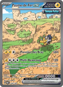 Paume-de-Fer EX Pokémon card set against a desert canyon, showing HP 230 and two attacks: 'Pression des Bras' (160) and 'Multi Beau coup' (120).