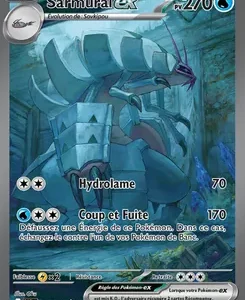 Pokémon card: Sarmurai EX, water-type with 270 HP, armored samurai underwater artwork; attacks Hydrolame and Coup et Fuite (170).