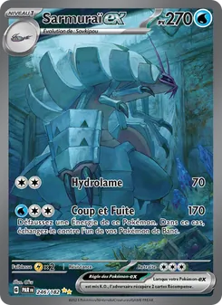 Pokémon card: Sarmurai EX, water-type with 270 HP, armored samurai underwater artwork; attacks Hydrolame and Coup et Fuite (170).