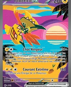 French Tokorico EX Pokémon card: electric type, 210 HP, attacks Choc Vengeur and Courant Extrême, with ocean sunset artwork in the background.