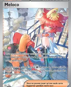 Pokémon TCG Trainer card 'Meloco' (Supporter), showing a red-haired trainer with a sun hat and French text on the card edge and background art in a sunny scene.