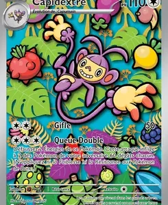 Pokémon trading card for Capidextre with 110 HP, showing Capidextre swinging in a tropical jungle; card text includes attacks 'Gifle' and 'Quète-Double' (French)