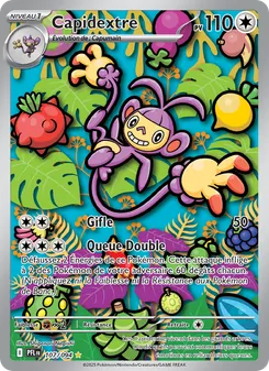 Pokémon trading card for Capidextre with 110 HP, showing Capidextre swinging in a tropical jungle; card text includes attacks 'Gifle' and 'Quète-Double' (French)
