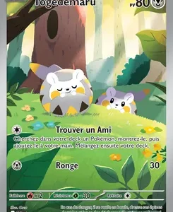 Pokémon card of Togedemaru with 80 HP, two Togedemaru in a forest; attacks 'Trouver un Ami' and 'Rongé'.