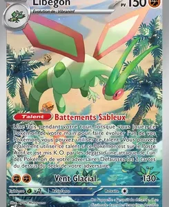Carte Pokémon Libégon—HP 150; illustration d’un dragon vert sur une plage tropicale; attaques: Batements Sableux et Vent Glacial.