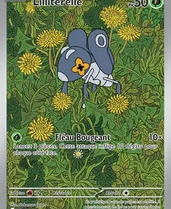 French Pokémon trading card: Lilliterelle with 50 HP stands among dense yellow flowers in a forest-like background; attacks include Fleau Bougeant (attack text partially visible).