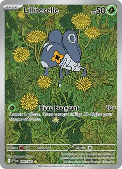 French Pokémon trading card: Lilliterelle with 50 HP stands among dense yellow flowers in a forest-like background; attacks include Fleau Bougeant (attack text partially visible).