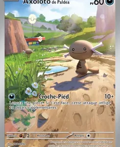 Pokémon card: Axoloto (Axoloto de Paldea) with 60 HP, showing a Squishy worm-like Axolotl in a sunny field; attack Croche-Pied listed.