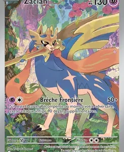 Zacian Pokémon card with 130 HP, illustrated in a colorful forest background; shows Brèche Frontière attack (50+).