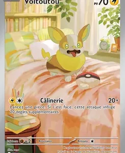 Pokémon card: Voltoutou, 70 PV. Attaque Câliner: Lancez une pièce. Si c’est face, cette attaque inflige 20 dégâts supplémentaires.